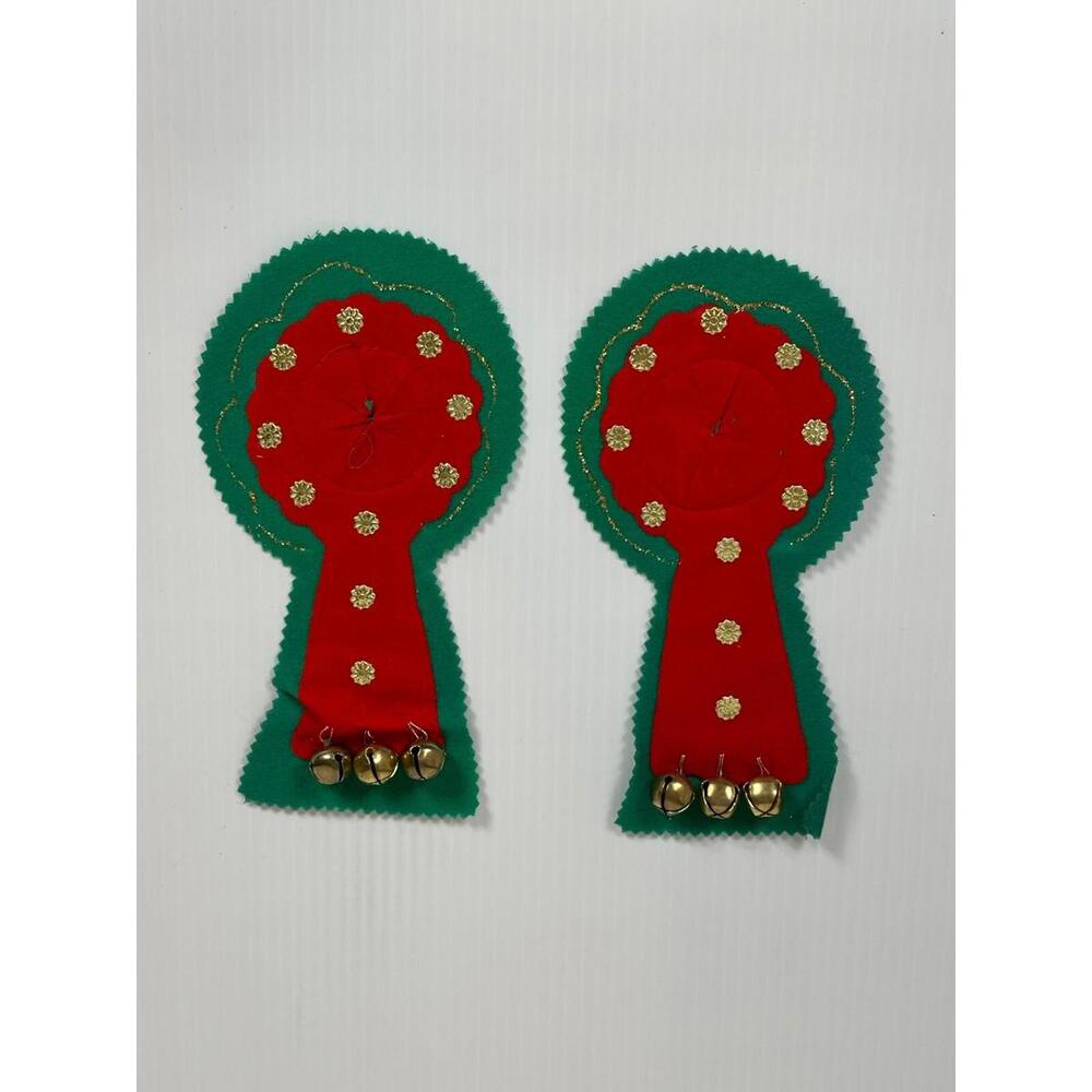 2 Vintage 1950s Handmade Felt Christmas Gold Glitter Holly‎ Door Knob Hanger Set
